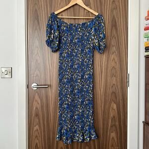 Never Fully Dressed Blue Floral Shirred Off Shoulder Puff Sleeve Midi Dress M